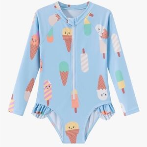 Kids Light Blue Ice Cream Print Long Sleeve One-Piece Swimsuit 9/10 nwt